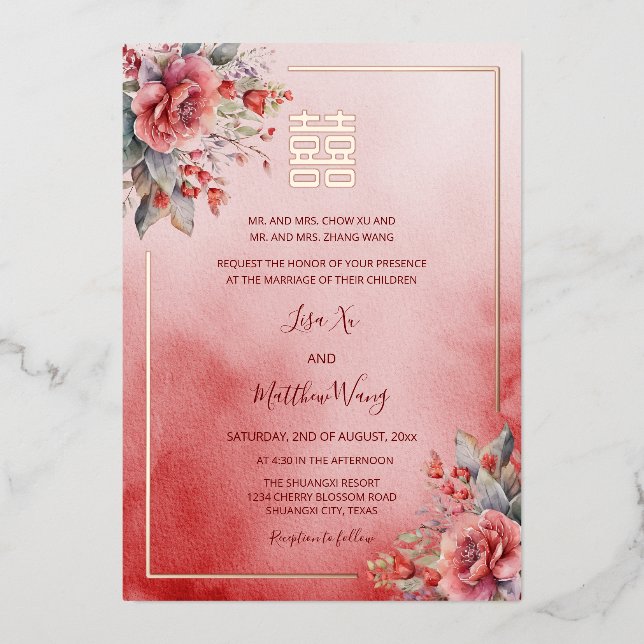 Invitación Con Relieve Metalizado Rosas de acuarela Rosa Boda chino de oro (Anverso)