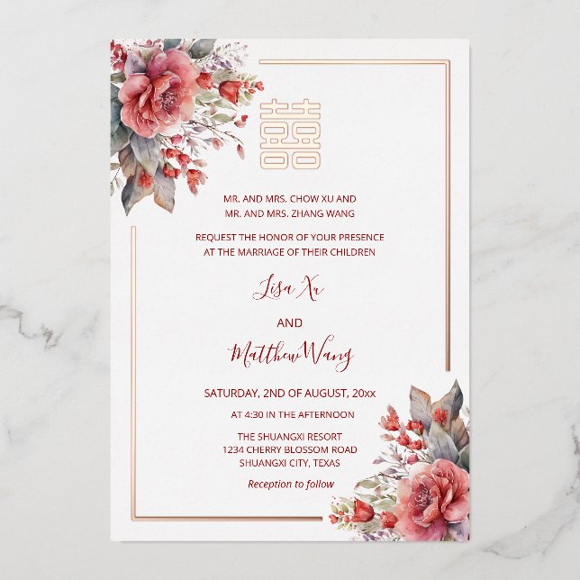 Invitación Con Relieve Metalizado Rosas de acuarela Rosa Boda chino de oro (Anverso)
