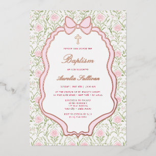 Invitación Con Relieve Metalizado Rosas de Bautizo con Marco de Lazo Rosa