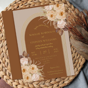 Invitación Con Relieve Metalizado Rosas de Boho Caramel Boda de gramíneas secas