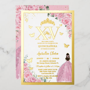 Invitación Con Relieve Metalizado Rosas de color rosa claro Quinceañera Mis XV de or