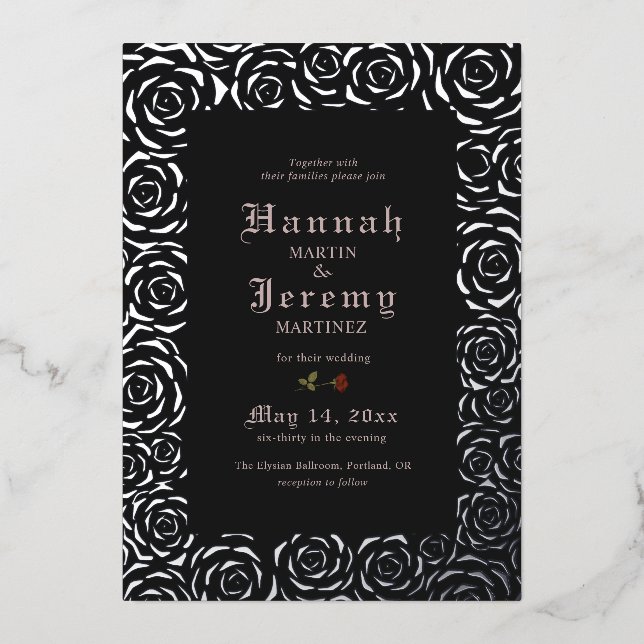 Invitación Con Relieve Metalizado Rosas de época elegante negro plateado (Anverso)