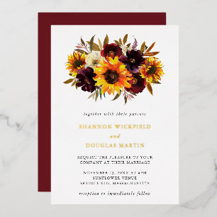 Invitación Con Relieve Metalizado Rosas de girasol, óxido púrpura, boda de otoño, do