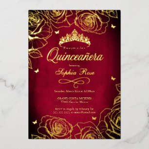 Invitación Con Relieve Metalizado Rosas de la Corona de Oro Rojo Tema Quinceanera