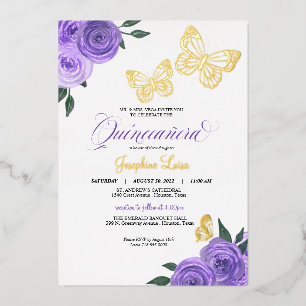 Invitación Con Relieve Metalizado Rosas de mariposa púrpura Quinceanera Real