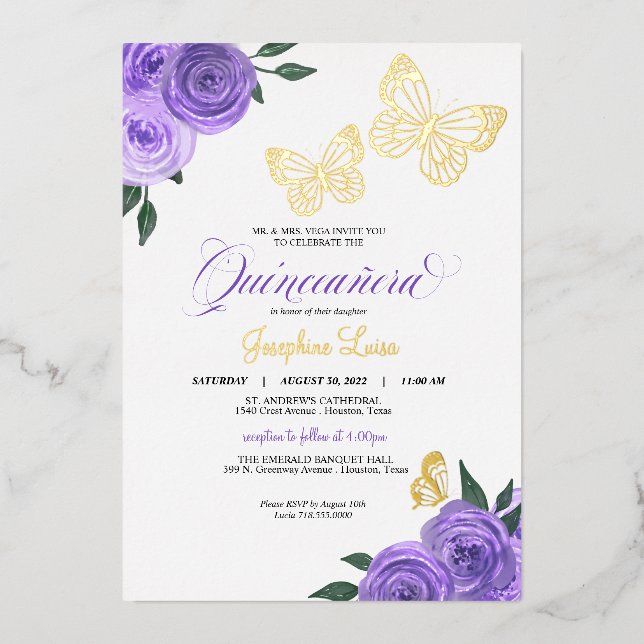 Invitación Con Relieve Metalizado Rosas de mariposa púrpura Quinceanera Real (Anverso)