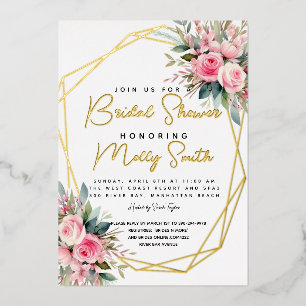 Invitación Con Relieve Metalizado Rosas de melocotón rosa cristal acuarela Desayuno