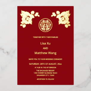 Invitación Con Relieve Metalizado Rosas de oro boda china