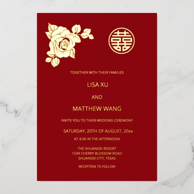 Invitación Con Relieve Metalizado Rosas de oro Boda chino (Anverso)