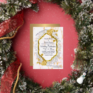 Invitación Con Relieve Metalizado Rosas de oro con marco dorado con encaje blanco.