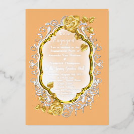 Invitación Con Relieve Metalizado Rosas de oro con marco dorado con encaje blanco. R