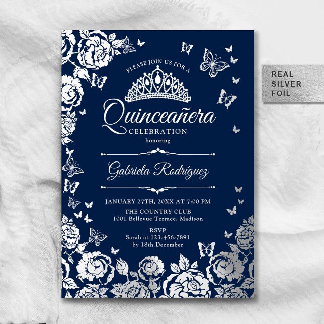 Invitación Con Relieve Metalizado Rosas de plata azul de la marina Quinceanera RSVP  (Subido por el creador)