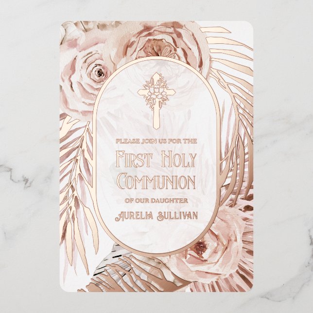 Invitación Con Relieve Metalizado Rosas del Boho Cruz Floral Primero Santa Comunión (Anverso)
