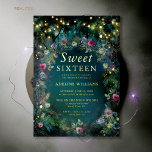 Invitación Con Relieve Metalizado Rosas del bosque encantados Dulce Twinkle dorado d<br><div class="desc">Un caprichoso ilustracion acuático de vegetación exuberante en verde esmeralda y malva y morado, brillante brillante con luces de hadas y polvo mágico, decora esta invitación de verano dulce 16 con un tema forestal encantado que también incluye un marco de delicados rosas en rosa, fucsia, morado y malva. El texto,...</div>