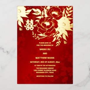 Invitación Con Relieve Metalizado Rosas Doradas Bilingües para Boda China
