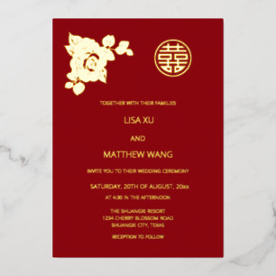 Invitación Con Relieve Metalizado Rosas Doradas Boda China
