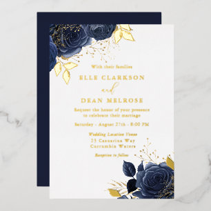 Invitación Con Relieve Metalizado Rosas doradas y azules marino de boda reales dorad