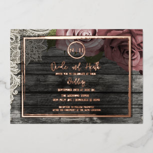 Invitación Con Relieve Metalizado Rosas Dusty Mauve Boda Rústico de Madera Rosa