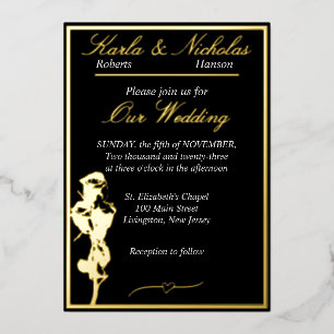 Invitación Con Relieve Metalizado Rosas, Elegante Boda Negra, Oro