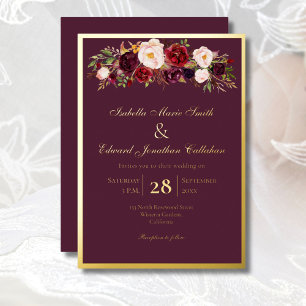 Invitación Con Relieve Metalizado Rosas Elegantes Burgundy & Blush Ramo Dorado