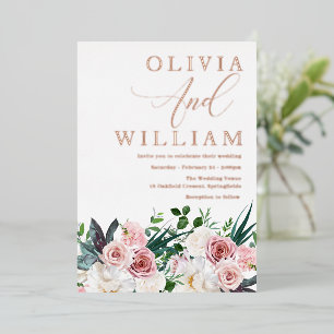 Invitación Con Relieve Metalizado Rosas Elegantes de Color Rosa Claro Boda Oro Rosa