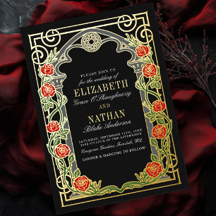 Invitación Con Relieve Metalizado Rosas elegantes góticas marco catedral boda 