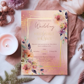 Invitación Con Relieve Metalizado Rosas florales de acuarela en rosa rubor con marco