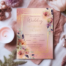 Invitación Con Relieve Metalizado Rosas florales de color rosa Rubor con marco dorad