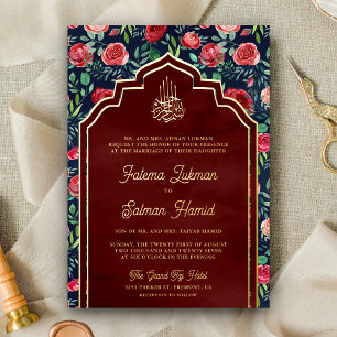 Invitación Con Relieve Metalizado Rosas Florales Rojas Azules Marinos Boda Musulmana