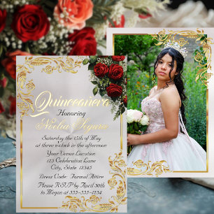 Invitación Con Relieve Metalizado Rosas, Foto y Marco Dorado - Pearl Quinceañera