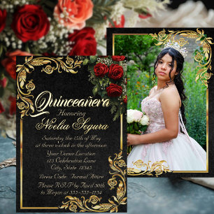 Invitación Con Relieve Metalizado Rosas, Foto y Marco Dorado - Quinceañera Negra
