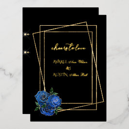 Invitación Con Relieve Metalizado Rosas Glam Azul Real y Negro y Dorado