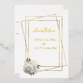 Invitación Con Relieve Metalizado Rosas Glam Blancas y Blanco y Dorado