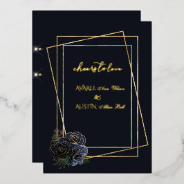 Invitación Con Relieve Metalizado Rosas Glam de color azul marino y hoja de oro y ne