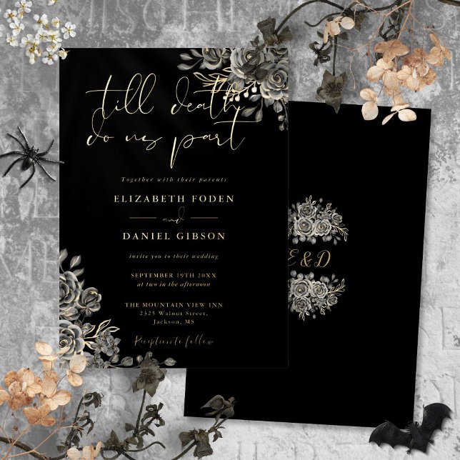 Invitación Con Relieve Metalizado Rosas góticas florales boda negro y oro (Gothic Roses Floral Wedding Black And Gold Foil Invitation)