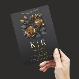Invitación Con Relieve Metalizado Rosas góticas negras doradas boda moderna
