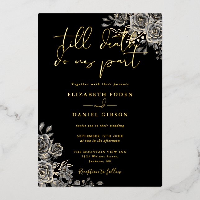 Invitación Con Relieve Metalizado Rosas Góticos Boda Floral Negro Y Oro (Anverso)