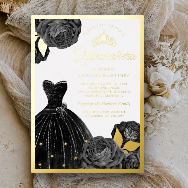 Invitación Con Relieve Metalizado Rosas Gris Negros Espumosos Quinceanera Gold (Subido por el creador)