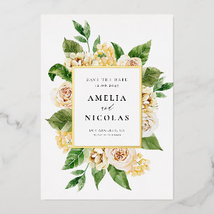 Invitación Con Relieve Metalizado Rosas Inglesas Albaricoque Acuarela Save The Date