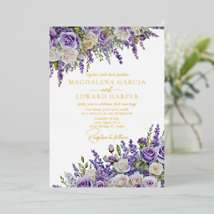Invitación Con Relieve Metalizado Rosas Lavanda Moradas Elegantes Florales Boda