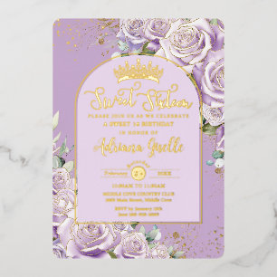 Invitación Con Relieve Metalizado Rosas Lila Púrpura Floral Cumpleaños Dulces 16 Dor