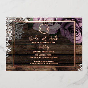 Invitación Con Relieve Metalizado Rosas Malva Polvorientas Encaje Rosa Boda Rústica