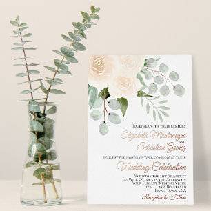Invitación Con Relieve Metalizado Rosas marfileños de acuarela elegante matrimonio