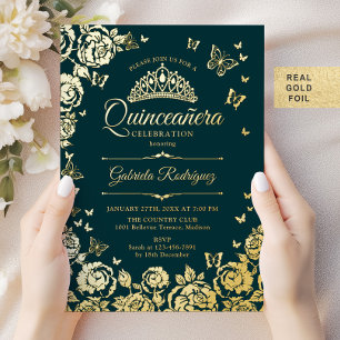 Invitación Con Relieve Metalizado Rosas Mariposas Quinceañera Verde Esmeralda Dorado