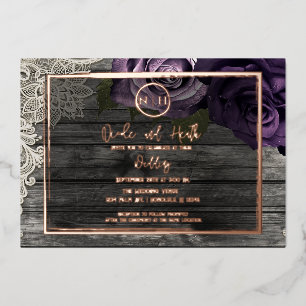 Invitación Con Relieve Metalizado Rosas morados Boda Rústico de Madera Gris y Encaje
