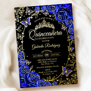 Invitación Con Relieve Metalizado Rosas Negras Azul Real Quinceañera