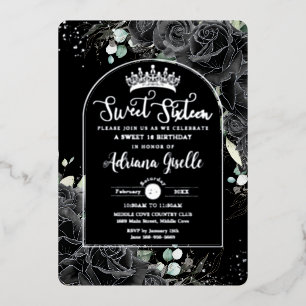 Invitación Con Relieve Metalizado Rosas Negras Floral Negro Cumpleaños 16 Dulces Cum