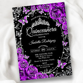 Invitación Con Relieve Metalizado Rosas Negras Plateadas Moradas Quinceañera
