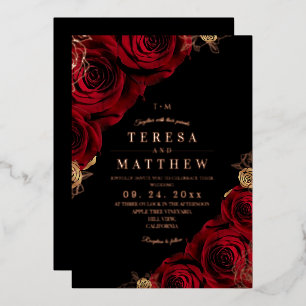 Invitación Con Relieve Metalizado Rosas Negras y Rojas Flores Papel de Oro Boda