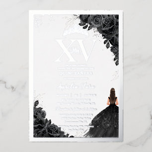 Invitación Con Relieve Metalizado Rosas negros Floral Quinceañera Quince XV Plata